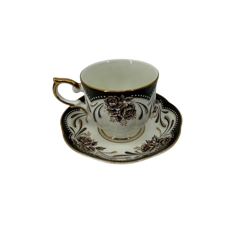 Avon Honor‎ Society 1999 Teacup Saucer Black Gold Floral Victorian Lady Set